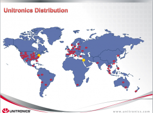 World map showing how extensive Unitronics distribution network is.